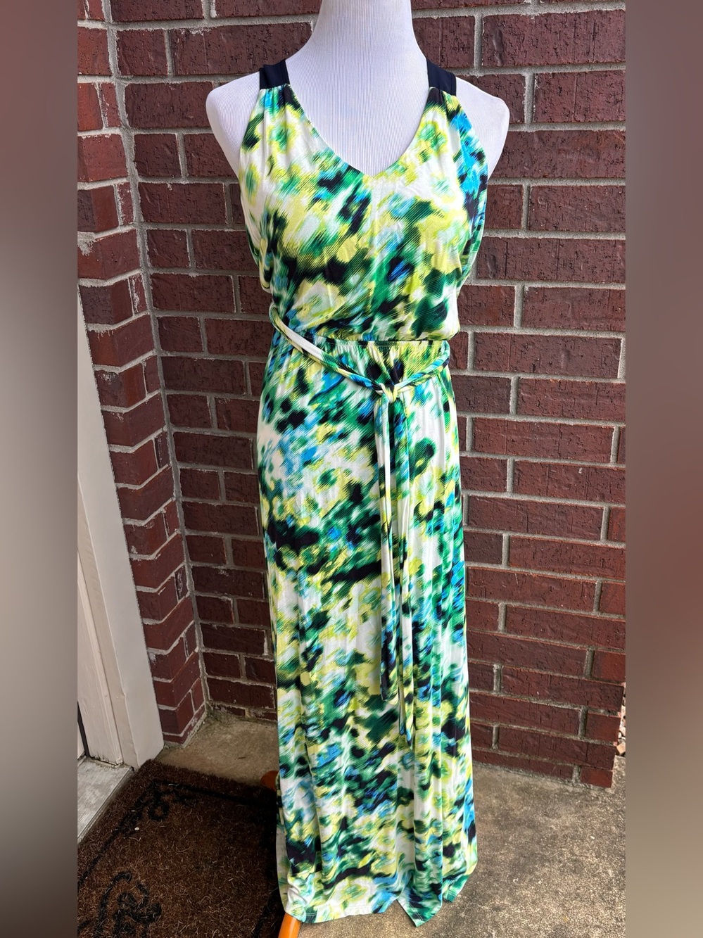 Express V-Neck Green Blue Abstract Tie-Waist Maxi Dress